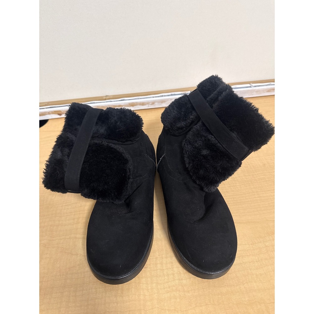 G by GUESS Womens Black Faux Suede Fur Trim Ankle Boots Gold Buckle Size 11